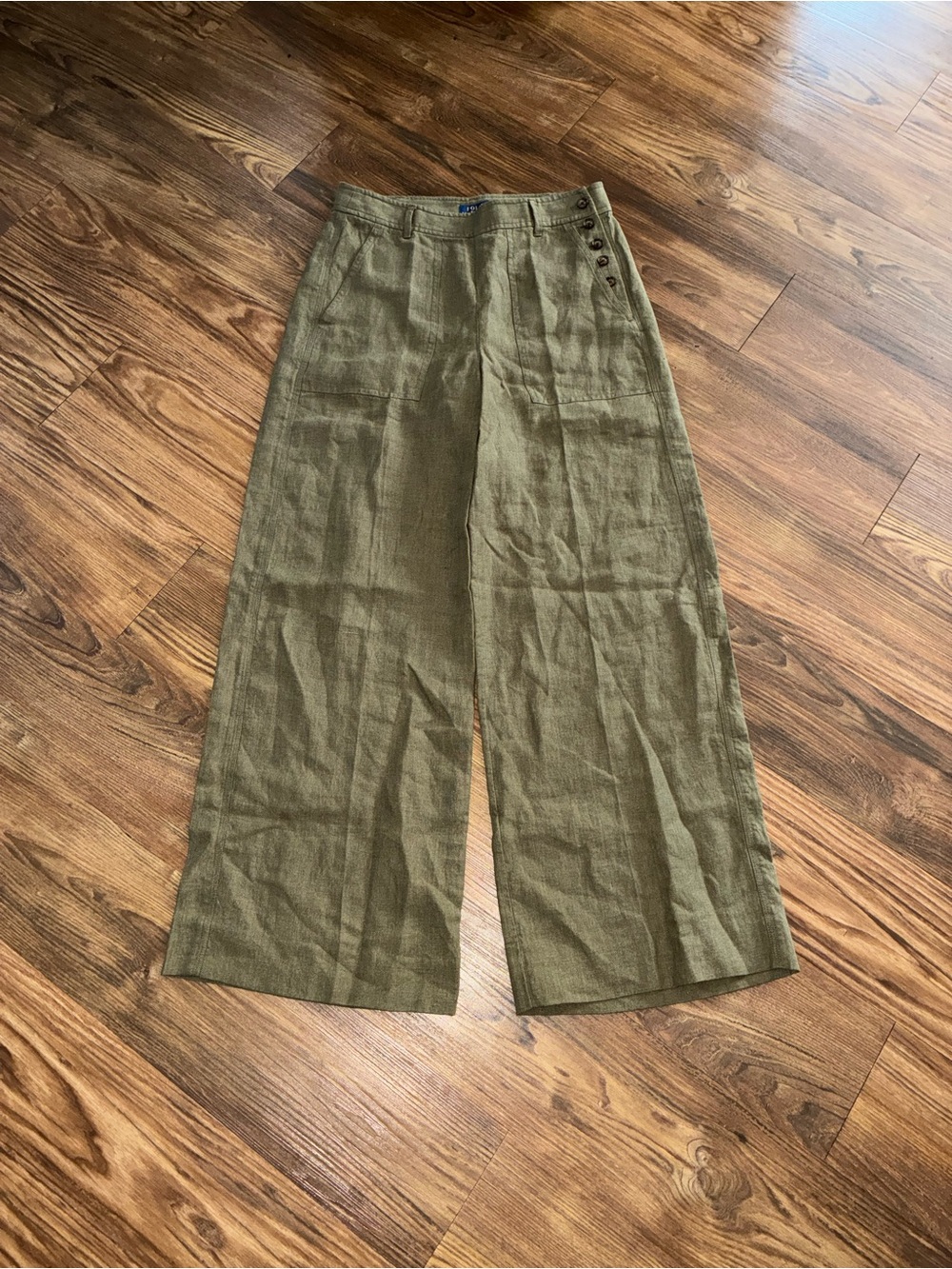 Polo Ralph Lauren Olive Herringbone Slub Linen Wide-Leg Field Pants